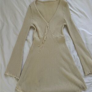 Elegant Cream Ribbed Knit Dress